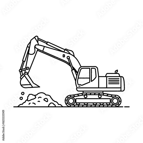 A line drawing illustration of an excavator digging, showcasing its powerful mechanics and construction capabilities, perfect for industrial or engineering projects.