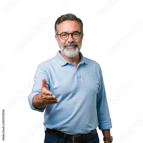 Smiling older man with glasses offering a handshake isolated on transparent background