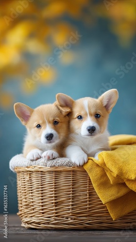Two Corgi Puppies Snuggling in a Woven Basket