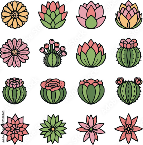 A colorful collection of sixteen stylized icons depicting blooming cacti, succulents, and various flowers.