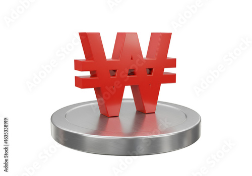 3D Rendered Red Korean Won Symbol On Silver Coin Transparent Background