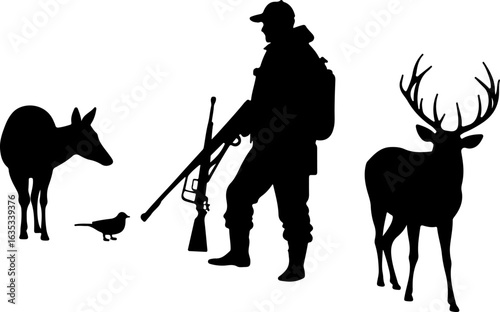 vector illustration of fishing and hunting, fishing, silhouette, fisherman, vector, sport, rod, bow, woman, illustration, archer, person, fish, people, black, arrow, angler, samurai, hobby, leisure, w