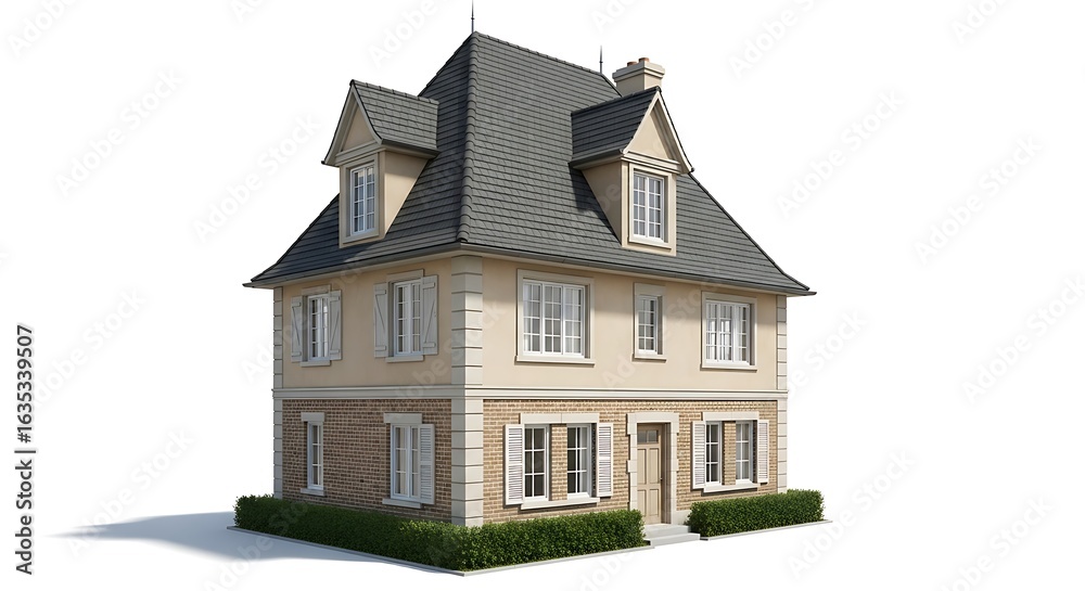 custom made wallpaper toronto digitalElegant Two Story House with Brick and Stucco Facade and Dormer Windows on White Background showcasing Architectural Design