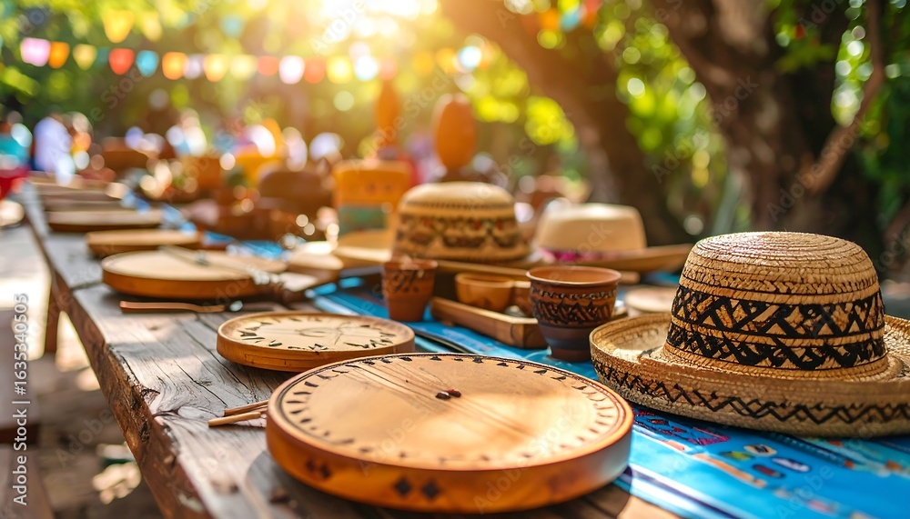 Rustic handcrafted items on outdoor wooden table Rustic handcrafted items on outdoor wooden table