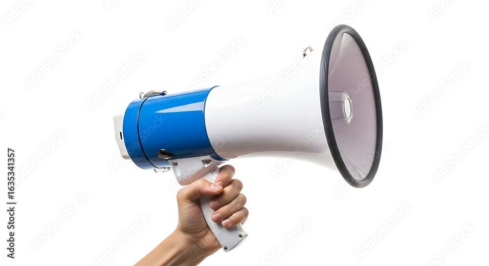 Naklejka premium Hand Holding a Blue and White Megaphone for Annoucements and Public Speaking on White Background Communication Tool