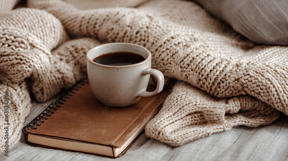 Cozy Beige Knit Blanket with Brown Notebook and Coffee Cup Cozy Beige Knit Blanket with Brown Notebook and Coffee Cup