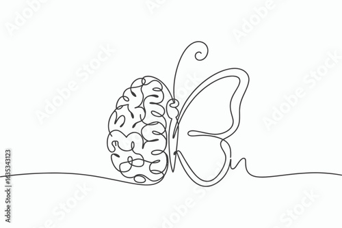Brain butterfly one line art isolated on white background