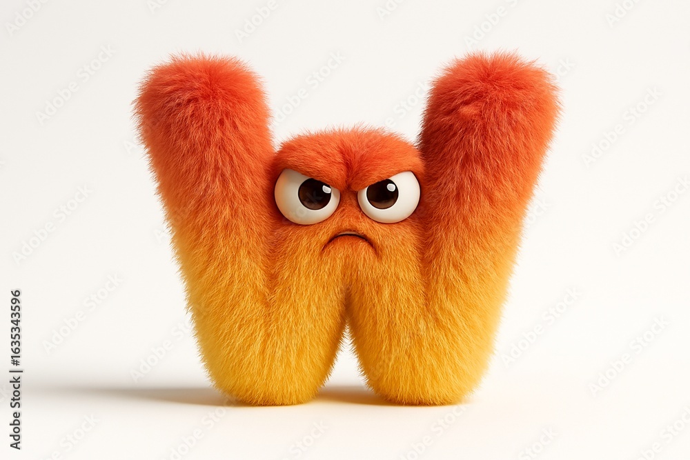Obraz premium Furry Angry Letter W Character in 3D Cartoon Style Isolated on White Background