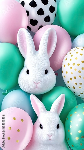 Two White Bunnies Among Pastel Balloons