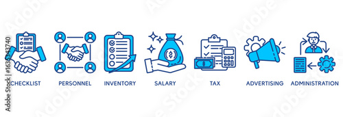 Cost reduction icon set vector illustration concept relate to checklist, personnel, inventory, salary, tax, advertising and administration
