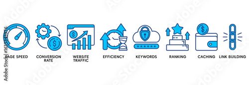 Website optimization icon set vector illustration concept relate to page speed, conversion rate, website traffic, efficiency, keywords, ranking, caching, link building
