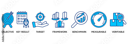 OKR icon set vector illustration concept relate to objectives and key results with icon of objective, key results, target, framework, benchmark, measurable, and verifiable