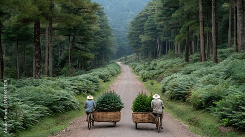 Two Workers Transporting Tree Seedlings by Bicycle in a Forest