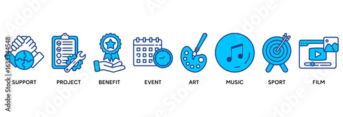 Sponsor icon set vector illustration concept relate to support, project, benefit, art, event, music, sport, and film