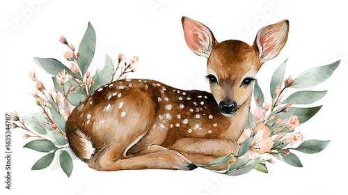Fototapeta Naklejka Na Ścianę i Meble -  Cute baby deer animal for kindergarten, nursery isolated illustration for children clothing, pattern. Watercolor Hand drawn boho image forest woodland poster baby shower Stock Illustration