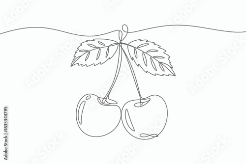 Line art drawing of cherries hanging isolated on white background