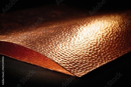 Hammered copper sheet, close-up, dark background, design texture