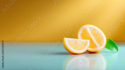 Two Lemon Slices and Half Lemon with Leaf on Teal Surface Against Yellow Background