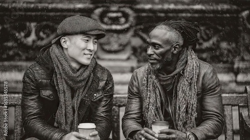 Two Men Sharing Coffee on a Snowy Day in a City Park