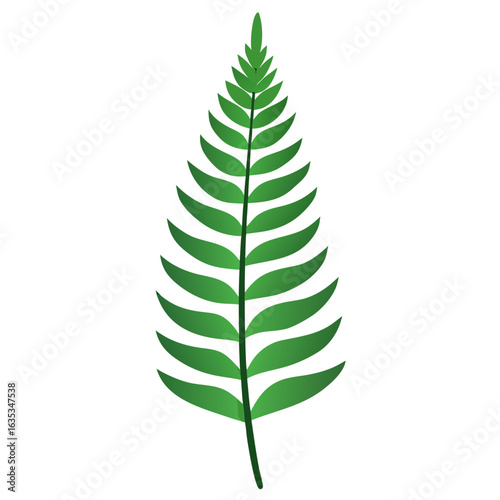 A single vibrant green fern frond with delicate leaves against a stark black background