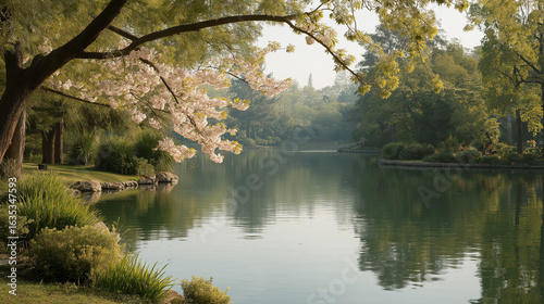 A Serene Riverside in Spring Bloom