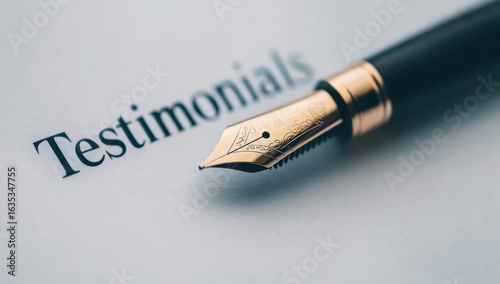 Elegant Fountain Pen Resting on Page with Word Testimonials Closeup