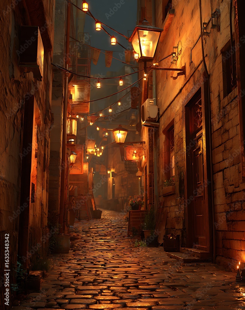 Fototapeta premium Warm Lit Cobblestone Street at Night in Old Town