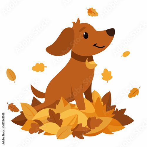 Brown dog sitting in pile of autumn leaves vector illustration fall