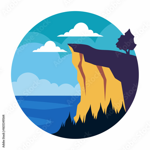 Stylized coastal cliff with ocean and clouds vector graphic water