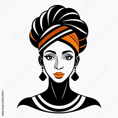 Stylized African woman with orange and black head wrap and earrings portrait headwrap