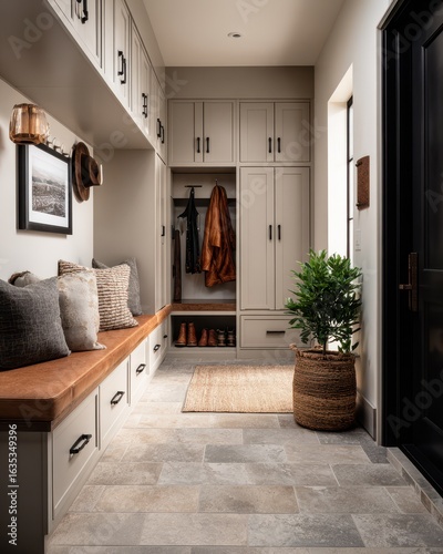 Modern mudroom entryway with built-in storage, natural light, and rustic elements