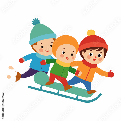 Three happy children sledding together on a winter day snow