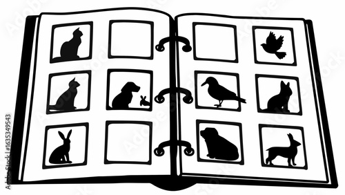 Open scrapbook displaying animal silhouettes including cats birds dogs and rabbits in black and white style