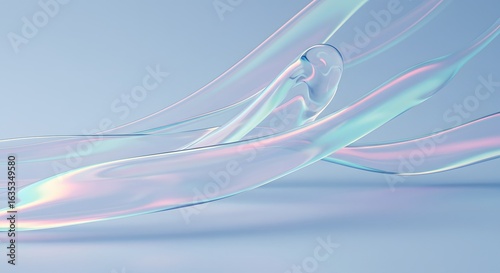 Abstract iridescent glass ribbons flowing on a soft blue background
