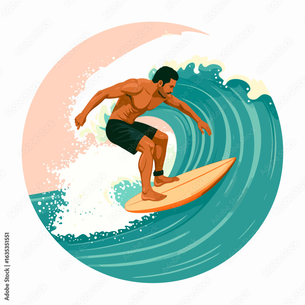 Athletic man with a mustache surfing inside a curling teal ocean wave, a dynamic vector illustration. Athletic man with a mustache surfing inside a curling teal ocean wave, a dynamic vector illustration.