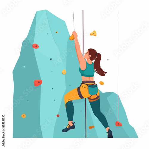 Athletic woman with a ponytail in sportswear ascending an artificial climbing wall.