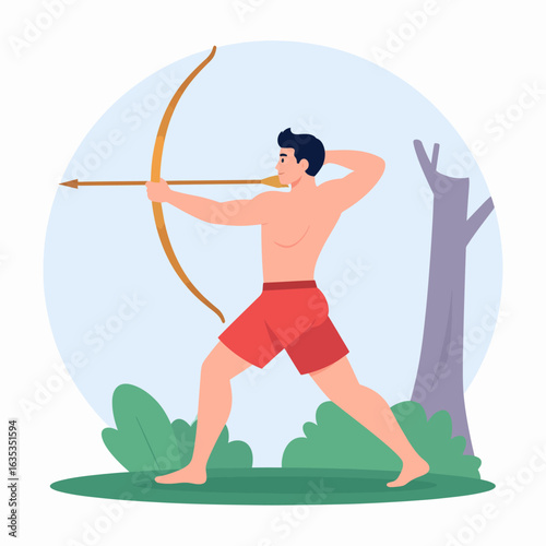 Bare-chested male archer with black hair in a dynamic pose, aiming a wooden longbow.