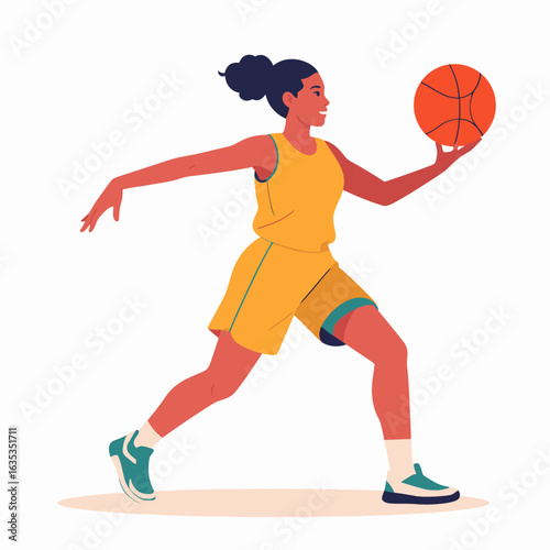 Dynamic female basketball player in a yellow uniform running and holding the ball.