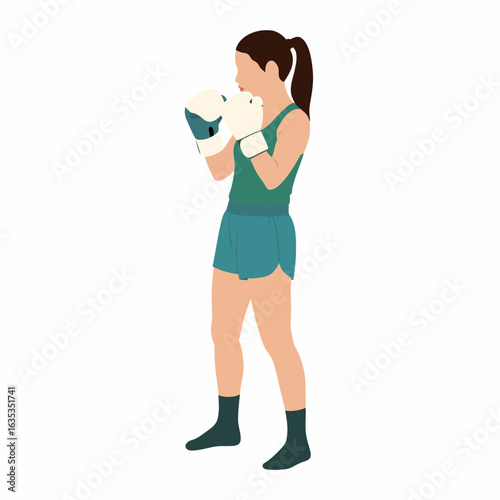 Faceless female boxer with a ponytail in a green outfit and boxing gloves, standing in a defensive guard pose.