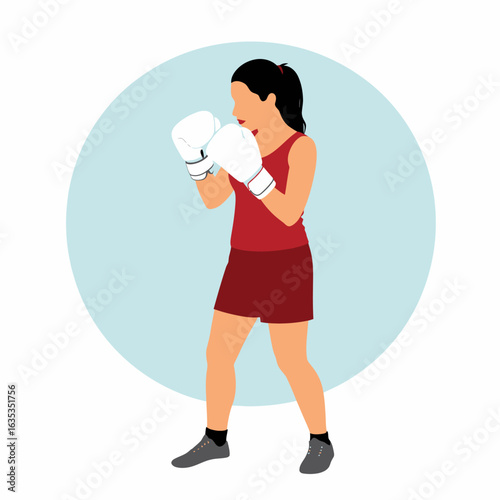 Female boxer in a defensive stance, wearing red sportswear and white gloves. Flat vector illustration of a woman training.