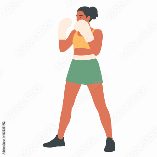Focused female boxer in a guard pose wearing sportswear and white gloves.