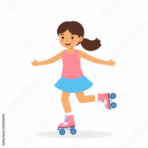 Joyful young girl with a ponytail, wearing pink roller skates and a blue skirt, skating with open arms.