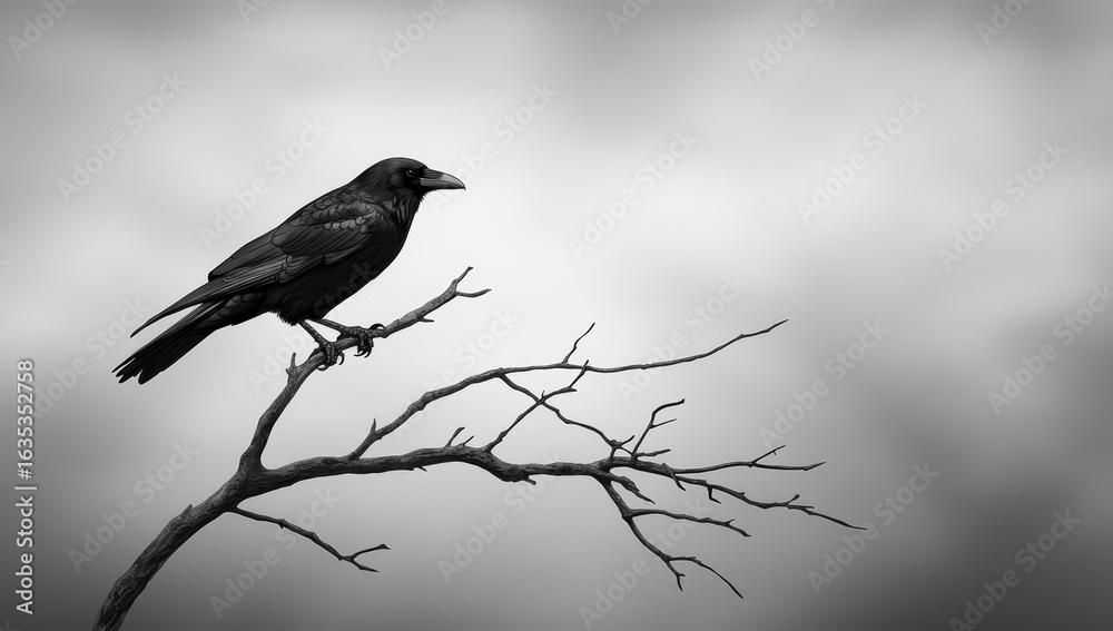 Black Bird Perched on a Leafless Branch Against a Cloudy Sky Black Bird Perched on a Leafless Branch Against a Cloudy Sky