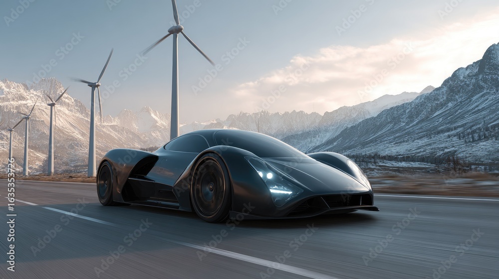 Fototapeta premium Dark sports car drives on road with wind turbines and mountains