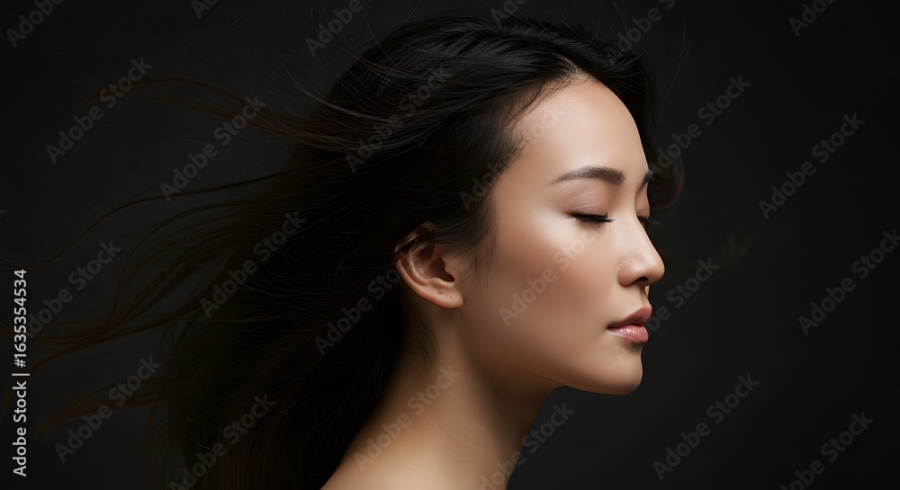 Fototapeta premium Elegant Asian Woman with Flowing Hair, Closed Eyes, Serene Expression, Beauty Portrait
