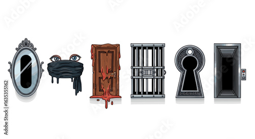 Find escape room game elements: doors, mirror, keyhole, eyes, elevator, cage, horror, fantasy, spooky