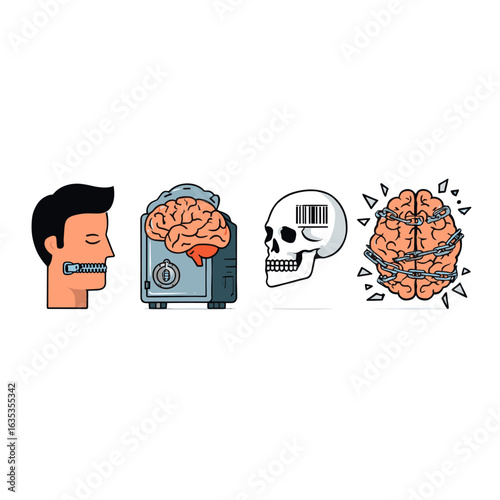 Conceptual illustration showing mind control brain safety and information suppression topics art design