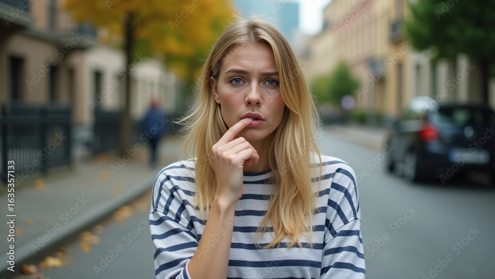 Fototapeta premium Thoughtful Blonde Woman on City Street