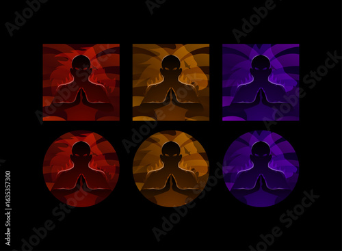 set of fantasy game icon skill set meditation aura with dragon, lion, wolf spirit