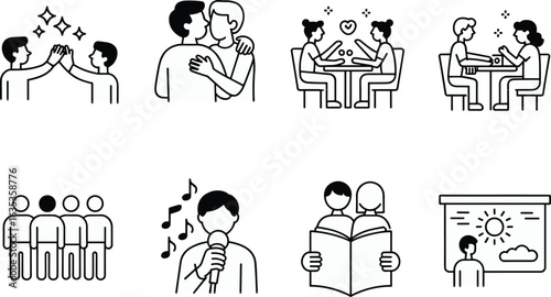 Social interaction icons, people reading, singing, dating, friendship moments, teamwork, presentation, community connection, couple love, vector symbols